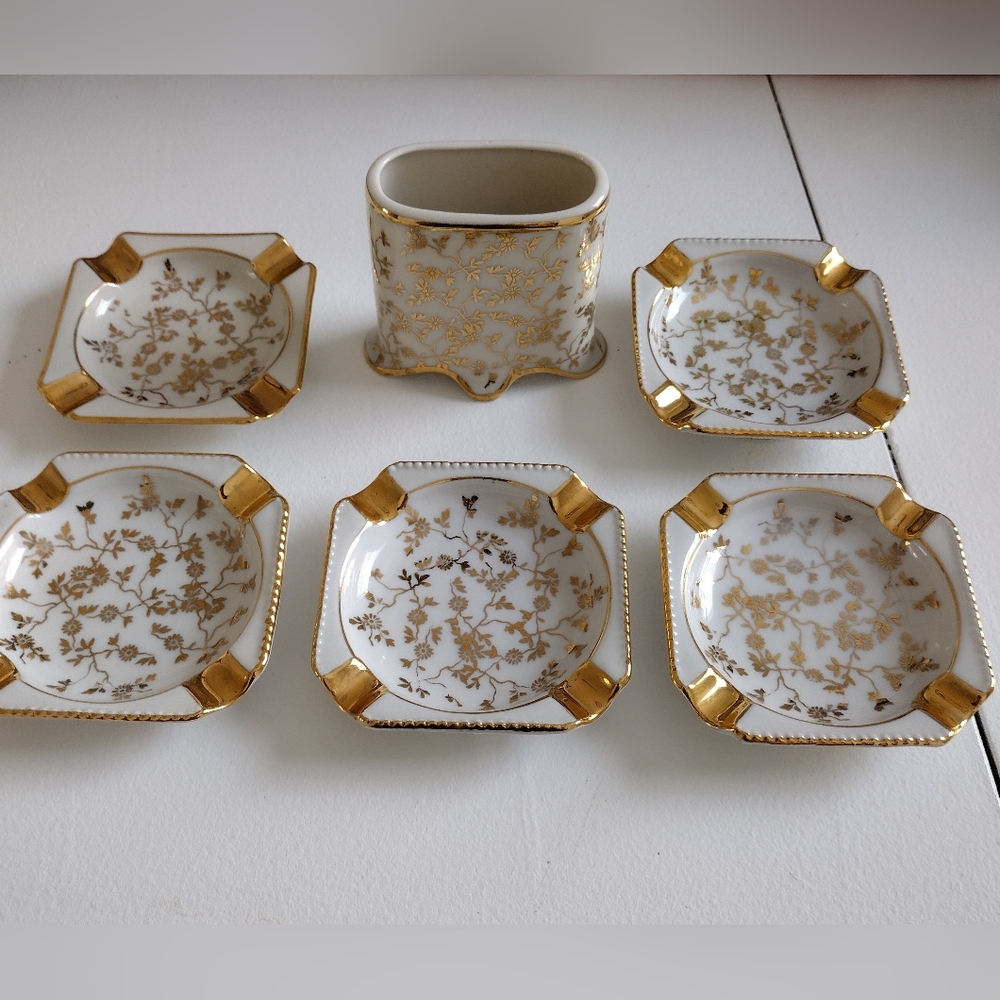 Haus Dresden 24K Gold Paint Ashtrays And Cigarette Holder.